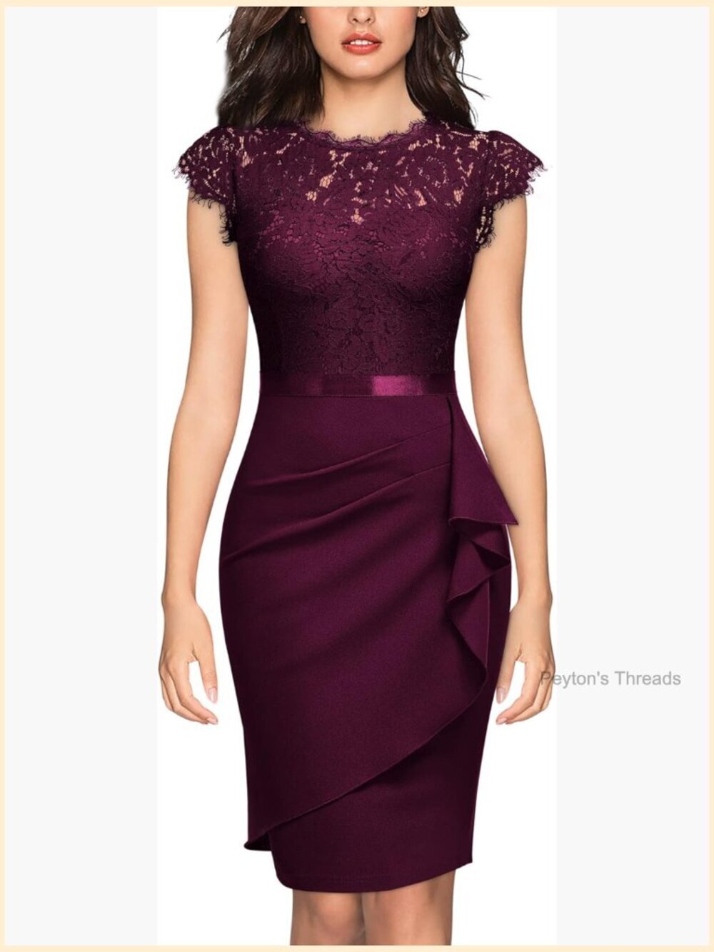 Cap Sleeve Floral Lace Ruffle Bodycon Cocktail Party Dress